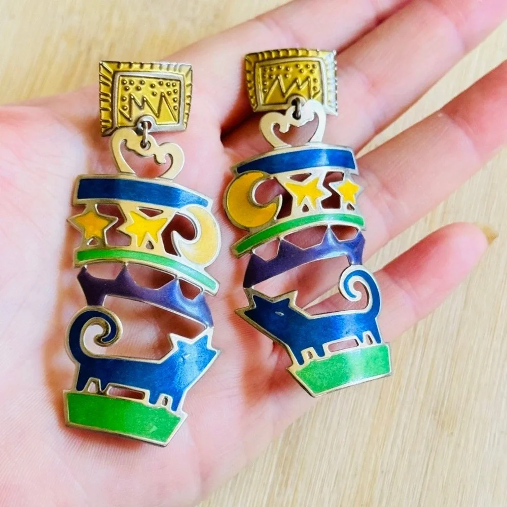 VTG Edgar Berebi Wolf Earrings Whimsical Southwest Dangle Enamel Pierced Signed